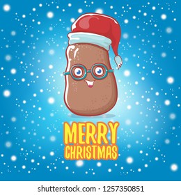 vector brown cute little kawaii santa claus potato cartoon characters with red santa hat and calligraphic merry christmas text isolated on blue background with falling snow. funky christmas character
