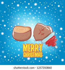 vector brown cute little kawaii santa claus potato cartoon characters with red santa hat and calligraphic merry christmas text isolated on blue background with falling snow. funky christmas character