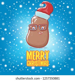vector brown cute little kawaii santa claus potato cartoon characters with red santa hat and calligraphic merry christmas text isolated on blue background with falling snow. funky christmas character
