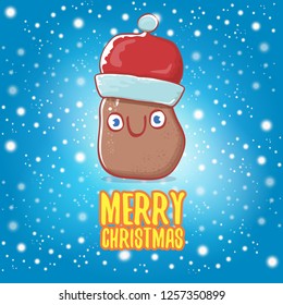 vector brown cute little kawaii santa claus potato cartoon characters with red santa hat and calligraphic merry christmas text isolated on blue background with falling snow. funky christmas character