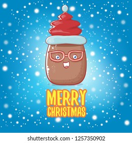 vector brown cute little kawaii santa claus potato cartoon characters with red santa hat and calligraphic merry christmas text isolated on blue background with falling snow. funky christmas character