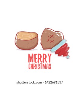 vector brown cute little kawaii santa claus potato cartoon characters with red santa hat and calligraphic merry christmas text isolated on white background. funky christmas character 