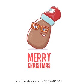 vector brown cute little kawaii santa claus potato cartoon characters with red santa hat and calligraphic merry christmas text isolated on white background. funky christmas character 