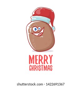 vector brown cute little kawaii santa claus potato cartoon characters with red santa hat and calligraphic merry christmas text isolated on white background. funky christmas character 