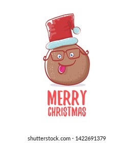 vector brown cute little kawaii santa claus potato cartoon characters with red santa hat and calligraphic merry christmas text isolated on white background. funky christmas character 