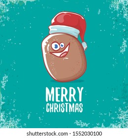 vector brown cute little kawaii santa claus potato cartoon characters with red santa hat and calligraphic merry christmas text isolated on azure background. funky christmas character 