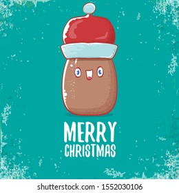 vector brown cute little kawaii santa claus potato cartoon characters with red santa hat and calligraphic merry christmas text isolated on azure background. funky christmas character 