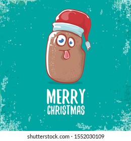 vector brown cute little kawaii santa claus potato cartoon characters with red santa hat and calligraphic merry christmas text isolated on azure background. funky christmas character 