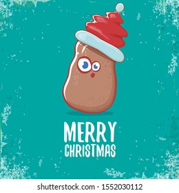 vector brown cute little kawaii santa claus potato cartoon characters with red santa hat and calligraphic merry christmas text isolated on azure background. funky christmas character 