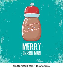 vector brown cute little kawaii santa claus potato cartoon characters with red santa hat and calligraphic merry christmas text isolated on azure background. funky christmas character 