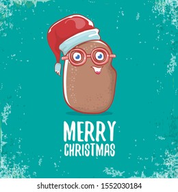 vector brown cute little kawaii santa claus potato cartoon characters with red santa hat and calligraphic merry christmas text isolated on azure background. funky christmas character 
