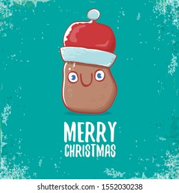 vector brown cute little kawaii santa claus potato cartoon characters with red santa hat and calligraphic merry christmas text isolated on azure background. funky christmas character 