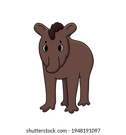Dibujo del doodle de color marrón vectorial lindo contorno jovencito graciosa del sur de américa de pinceladas montaña silvestre ecuador adulto tapir. Ilustración dibujada a mano aislada sobre fondo blanco, vista frontal