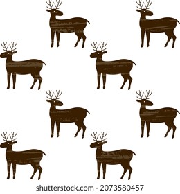 Vector brown deer with antlers on a white background with a grunge texture. Cute artistic poster for Christmas and New Year. Seamless pattern.