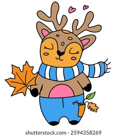 Vector brown deer with autumn leaf on white background
