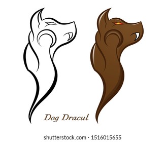 Vector of a brown dog with sharp teeth, the vector contains lights and shadows, at the bottom it says "Dracul Dog"