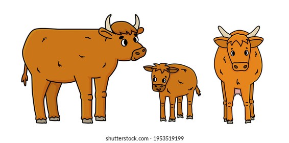 Vektor braune Doodle Umriss Vater Bull Ox, Mutter häusliche Kuh und Kalb. Cute-Cartoon-freundliche Nutztiere, einzeln auf weißem Hintergrund, Profil und Draufsicht
