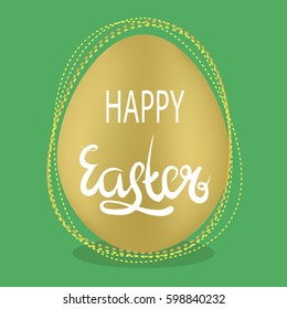 Vector Brown Easter Egg and Lettering on Green Background. Spring Greeting Card