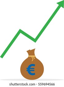 Vector brown euro sack with green arrow moving up.