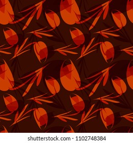 Vector brown flowers and tulips on a vinous background. For paper and fabrics.