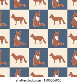 Vector Brown Fox in Blue and Beige Squares Seamless Repeat Pattern. Background for textiles, cards, manufacturing, wallpapers, print, gift wrap and scrapbooking.