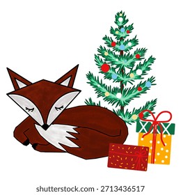 Vector of a brown fox curled up sleeping next to a decorated Christmas tree and some wrapped presents. Illustration for greeting cards, Christmas festive season prints.
