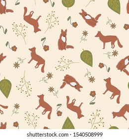 Vector Brown Fox, Green Plants, Red Flowers on Beige Background Seamless Repeat Pattern. Background for textiles, cards, manufacturing, wallpapers, print, gift wrap and scrapbooking.