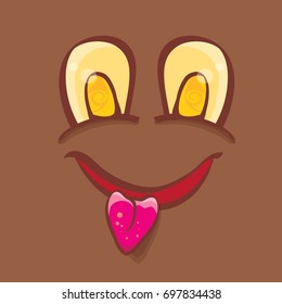 vector brown funny monster face. cartoon monster smiling face with big eyes, mouth and tongue sticking out for kids background, banners and greeting cards