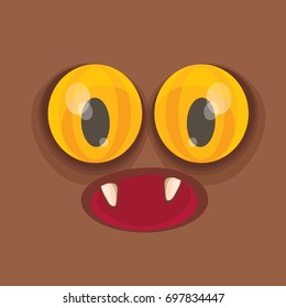 vector brown funny monster face. cartoon monster smiling face with big eyes, mouth and tongue sticking out for kids background, banners and greeting cards