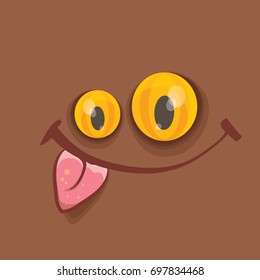 vector brown funny monster face. cartoon monster smiling face with big eyes, mouth and tongue sticking out for kids background, banners and greeting cards