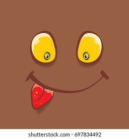 vector brown funny monster face. cartoon monster smiling face with big eyes, mouth and tongue sticking out for kids background, banners and greeting cards