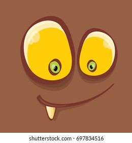 vector brown funny monster face. cartoon monster smiling face with big eyes, mouth and tongue sticking out for kids background, banners and greeting cards