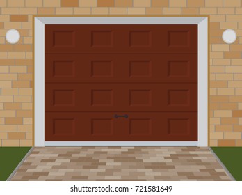 Vector. Brown garage doors with brick wall