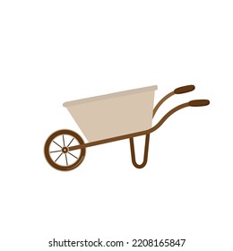 Vektorbrauner Gartenwagen mit Erde auf weißem Hintergrund.  Flachdesign 