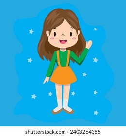 Vector, brown girl in green blouse and orange dress waving, in color, for any print