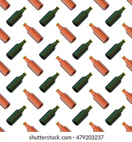 Vector Brown Glass Beer Bottles Seamless Pattern on White Background.