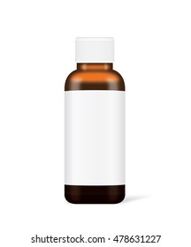 Vector brown glass bottle with white label have a white cap isolated on white. Ideal for medicine bottle mock up or serum container and other.