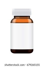 Vector brown glass bottle with white label have a plastic cap. Ideal for medicine container or  tablet or capsule product and other mock up.