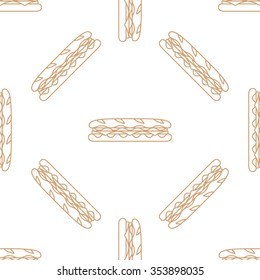 vector brown gold color outline submarine rye baguette sandwich salad ham cheese tomato seamless pattern on white background 