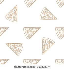 vector brown gold color outline triangle pizza slice mushrooms olives pepperoni chili pepper cheese tomato seamless pattern on white background 