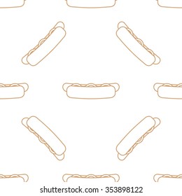 vector brown gold color outline hot dog grilled sausage sliced bun mustard seamless pattern on white background 