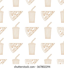 vector brown gold color outline triangle pizza slice mushrooms olives pepperoni pepper cheese tomato soda cold drink paper takeaway cup straw seamless pattern on white background
