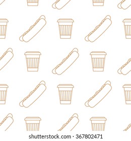 vector brown gold color outline hot dog grilled sausage sliced bun mustard hot beverage takeaway cup seamless pattern on white background