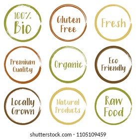 Vector brown green organic labels, bio emblems collection for menu or natural products packaging. Fresh vegan raw food eco friendly premium quality locally grown healthy food stickers on white.
