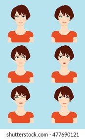 Vector brown hair girl with different emotions and expressions, flat, isolated, blue background