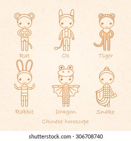 vector brown hand drawing signs of the Chinese horoscope Rat, Ox, Tiger, Rabbit, Dragon and Snake