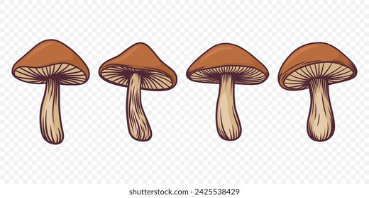 Vector Brown Hand-Drawn Cartoon Mushrooms. Mushroom Illustration, Mushrooms Collection, Hand-Drawn Mushroom Design Template