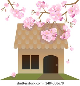 vector brown house and blooming flower in front of house, happy moment , small beautiful house 