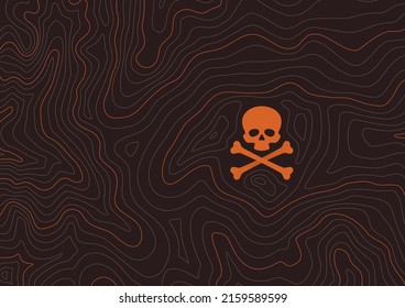 Vector brown landscape background with texture topographic contour line, isolines with green skull with crossbones. Danger place.