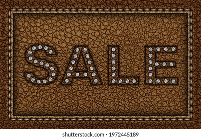 Vector brown leather frame with stitches and sale sign with silver sequins.